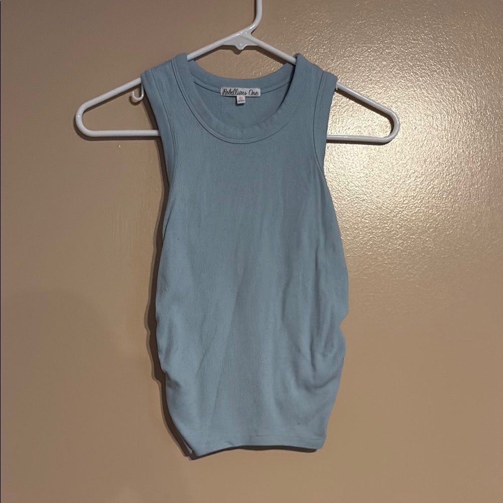 Rebellious One Blue Fitted Ruched Tank Top